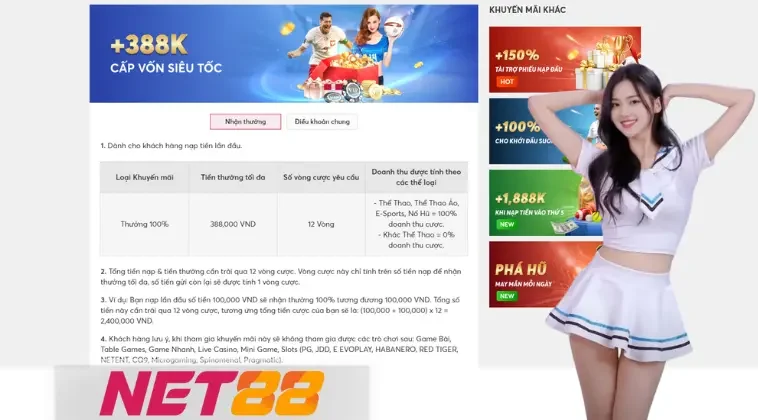 Cách Nhận 388K Từ Net88 Chỉ Với 12 Vòng Cược